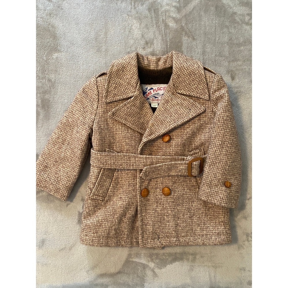 Lake Placid Trench Coat Size 4T Tan Houndstooth Tweed Belted Faux Fur Lined VTG